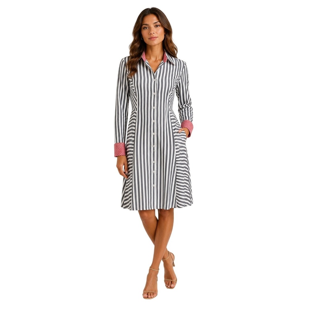 Vintage Serbin Shirt Dress Women M Blue White Striped Gingham Contrast Cuffs Med
